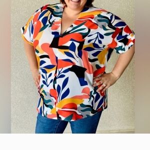 Jodifl Havana Abstract Floral Blouse Red Blue Size Small (Runs Big)